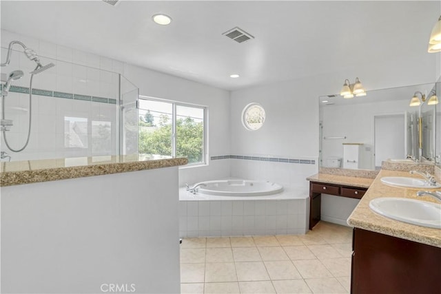 17787 Merridy St, Northridge, CA 91325 - bathroom featuring double vanity, a garden tub, tiled shower, tile patterned floors, and recessed lighting