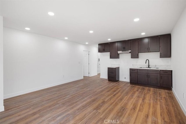 727 E 94th St, Los Angeles, CA 90002 - kitchen with under cabinet range hood, dark brown cabinets, recessed lighting, wood finished floors, and light countertops