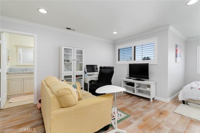 225 W Mission Rd Unit A, San Gabriel, CA 91776 - living area with light wood-type flooring, crown molding, recessed lighting, and an office area