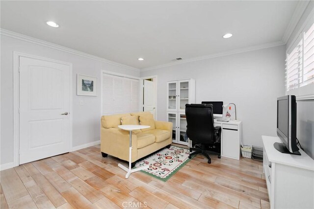 225 W Mission Rd Unit A, San Gabriel, CA 91776 - office area with light wood-style flooring, french doors, crown molding, and recessed lighting