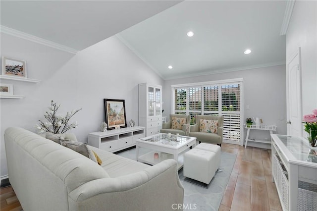 225 W Mission Rd Unit A, San Gabriel, CA 91776 - living area with crown molding, light wood-style flooring, recessed lighting, and lofted ceiling