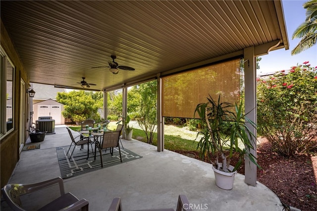 13014 Bermuda Ave, Chino, CA 91710 - view of patio / terrace featuring outdoor dining space, a ceiling fan, and a storage shed