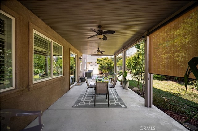 13014 Bermuda Ave, Chino, CA 91710 - view of patio / terrace with a storage shed, outdoor dining space, and ceiling fan