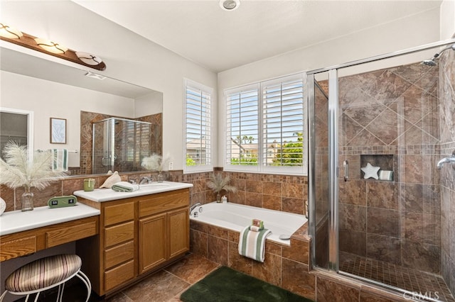 13014 Bermuda Ave, Chino, CA 91710 - bathroom featuring vanity, a shower stall, a garden tub, and tile patterned floors