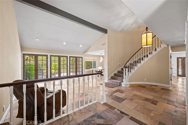 27681 Paseo Esteban, San Juan Capistrano, CA 92675 - stairs featuring beamed ceiling, stone tile flooring, recessed lighting, and high vaulted ceiling