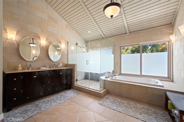27681 Paseo Esteban, San Juan Capistrano, CA 92675 - full bathroom with tile patterned floors, a garden tub, tile walls, double vanity, and wooden ceiling