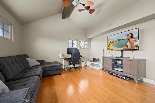 27681 Paseo Esteban, San Juan Capistrano, CA 92675 - home office featuring beamed ceiling, wood finished floors, plenty of natural light, ceiling fan, and high vaulted ceiling