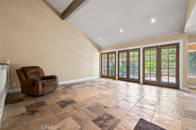 27681 Paseo Esteban, San Juan Capistrano, CA 92675 - unfurnished room with stone tile flooring, french doors, high vaulted ceiling, recessed lighting, and beamed ceiling