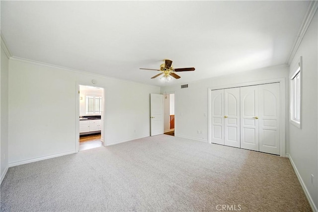 734 Puma Canyon Ln, Glendora, CA 91740 - unfurnished bedroom with ornamental molding, carpet floors, a closet, ceiling fan, and ensuite bathroom