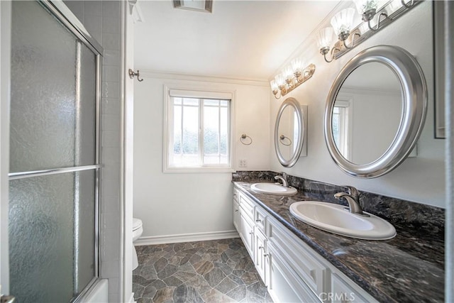 734 Puma Canyon Ln, Glendora, CA 91740 - full bath with a shower with shower door, double vanity, ornamental molding, and stone finish flooring