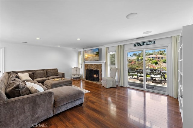 2805 Via Montecito, San Clemente, CA 92672 - living area featuring a fireplace, wood finished floors, recessed lighting, and ornamental molding