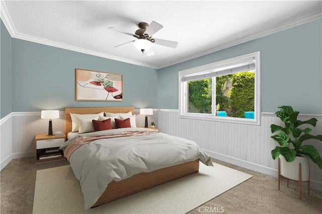 2805 Via Montecito, San Clemente, CA 92672 - bedroom with a wainscoted wall, ornamental molding, carpet flooring, and ceiling fan