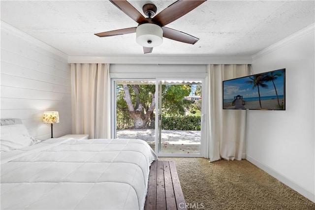 2805 Via Montecito, San Clemente, CA 92672 - carpeted bedroom featuring access to exterior, ornamental molding, a textured ceiling, and a ceiling fan