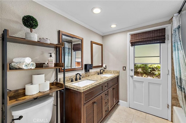 2805 Via Montecito, San Clemente, CA 92672 - full bathroom with ornamental molding, tile patterned flooring, double vanity, recessed lighting, and shower / bath combo with shower curtain