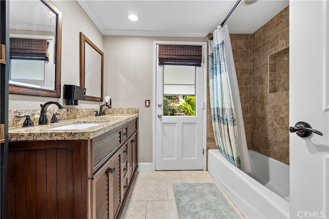 2805 Via Montecito, San Clemente, CA 92672 - full bath featuring shower / tub combo with curtain, tile patterned floors, double vanity, crown molding, and recessed lighting