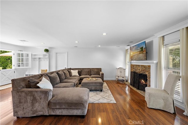 2805 Via Montecito, San Clemente, CA 92672 - living room featuring a fireplace, plenty of natural light, wood finished floors, and recessed lighting