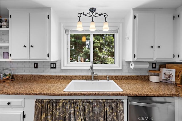 2805 Via Montecito, San Clemente, CA 92672 - kitchen featuring dishwasher, white cabinets, backsplash, dark countertops, and decorative light fixtures