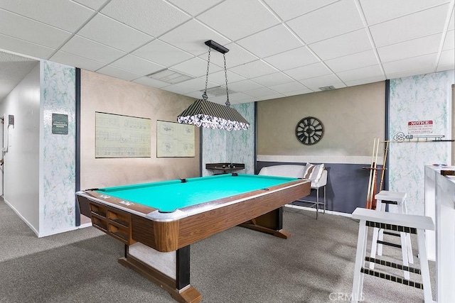 12400 Montecito Rd Unit 222, Seal Beach, CA 90740 - rec room with pool table, carpet floors, a drop ceiling, and wallpapered walls