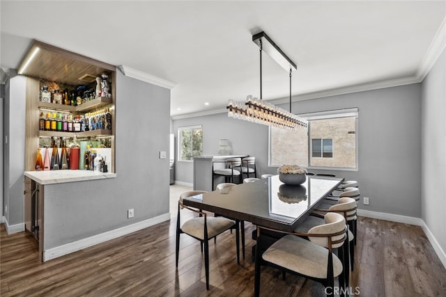9778 Via Roma, Burbank, CA 91504 - dining space with crown molding, wood finished floors, a dry bar, and recessed lighting
