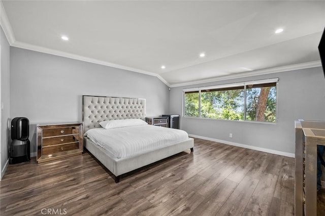 9778 Via Roma, Burbank, CA 91504 - bedroom featuring crown molding, wood finished floors, vaulted ceiling, and recessed lighting