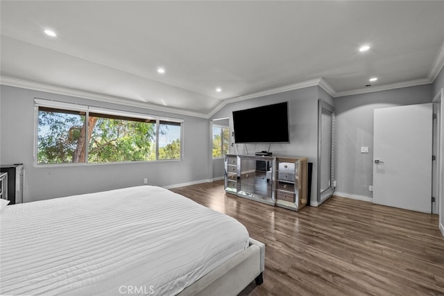 9778 Via Roma, Burbank, CA 91504 - bedroom featuring recessed lighting, wood finished floors, ornamental molding, and lofted ceiling