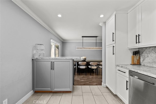 9778 Via Roma, Burbank, CA 91504 - kitchen with dishwasher, crown molding, white cabinetry, recessed lighting, and light stone countertops