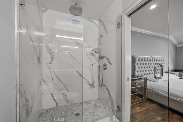 9778 Via Roma, Burbank, CA 91504 - bathroom featuring a marble finish shower, wood finished floors, and crown molding
