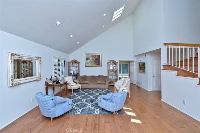 17000 Addison St, Encino, CA 91316 - living room with high vaulted ceiling, hardwood / wood-style flooring, stairway, and recessed lighting