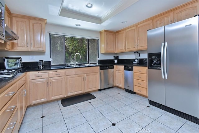 17000 Addison St, Encino, CA 91316 - kitchen featuring stainless steel appliances, light brown cabinetry, a tray ceiling, recessed lighting, and ornamental molding