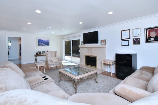 17000 Addison St, Encino, CA 91316 - living room featuring crown molding, recessed lighting, a premium fireplace, and healthy amount of natural light
