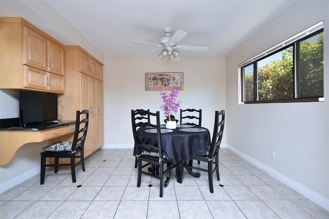 17000 Addison St, Encino, CA 91316 - dining space with ceiling fan, ornamental molding, and light tile patterned flooring