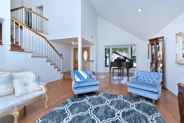 17000 Addison St, Encino, CA 91316 - living area with hardwood / wood-style flooring, stairs, and high vaulted ceiling