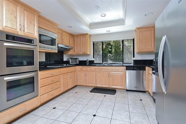 17000 Addison St, Encino, CA 91316 - kitchen featuring stainless steel appliances, light brown cabinets, a tray ceiling, under cabinet range hood, and recessed lighting