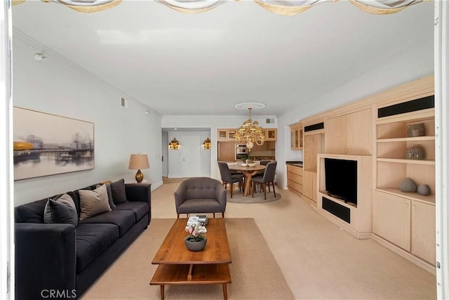 850 E Ocean Blvd Unit 1604, Long Beach, CA 90802 - living area featuring ornamental molding, a chandelier, and light colored carpet