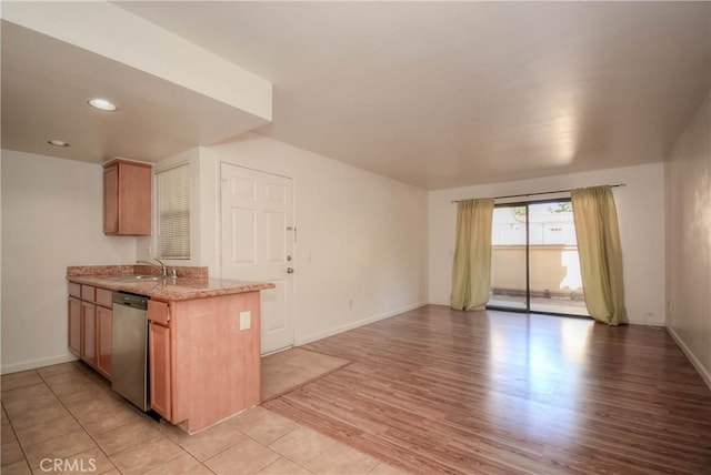 1130 W Blaine St, Riverside, CA 92507 - kitchen featuring dishwasher, light wood-style flooring, open floor plan, light stone countertops, and recessed lighting