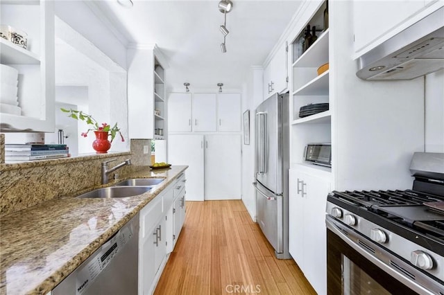 1544 3rd St, Manhattan Beach, CA 90266 - kitchen featuring appliances with stainless steel finishes, open shelves, range hood, light wood-style flooring, and white cabinetry