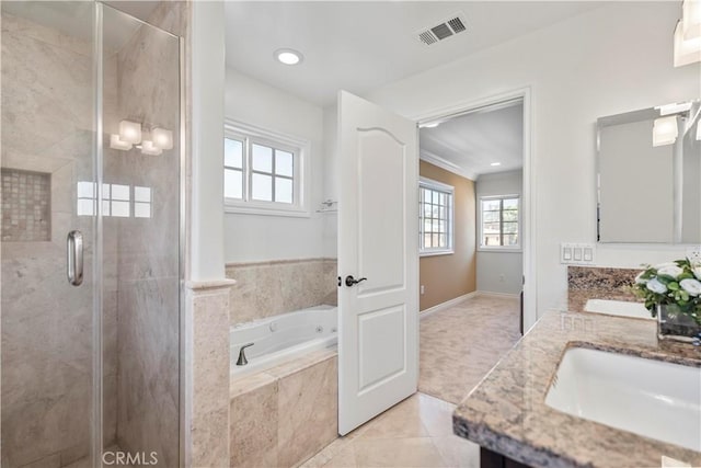 1128 Huntington Dr Unit C, South Pasadena, CA 91030 - full bath featuring double vanity, a garden tub, a stall shower, plenty of natural light, and crown molding