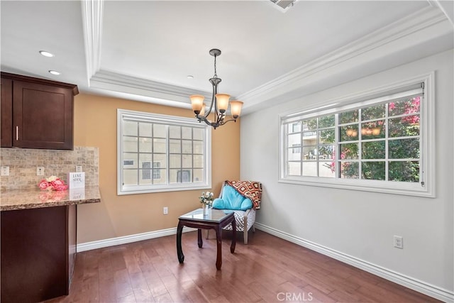 1128 Huntington Dr Unit C, South Pasadena, CA 91030 - dining space with crown molding, a chandelier, a raised ceiling, wood-type flooring, and recessed lighting