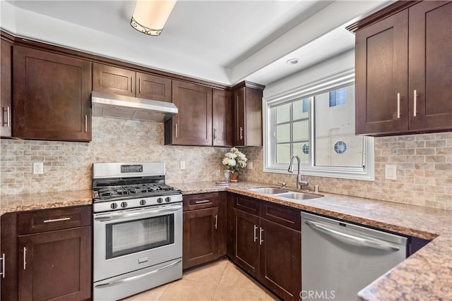 1128 Huntington Dr Unit C, South Pasadena, CA 91030 - kitchen with appliances with stainless steel finishes, under cabinet range hood, light tile patterned flooring, dark brown cabinets, and tasteful backsplash