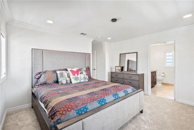 1128 Huntington Dr Unit C, South Pasadena, CA 91030 - bedroom featuring light carpet, ornamental molding, recessed lighting, and ensuite bathroom