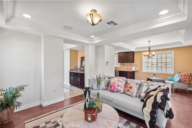 1128 Huntington Dr Unit C, South Pasadena, CA 91030 - living area featuring a tray ceiling, wood finished floors, crown molding, a chandelier, and recessed lighting