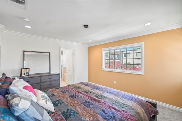 1128 Huntington Dr Unit C, South Pasadena, CA 91030 - bedroom featuring light colored carpet, crown molding, recessed lighting, and ensuite bathroom
