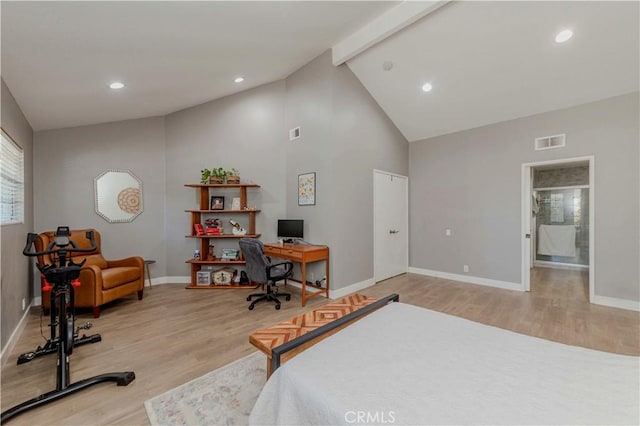 2323 S Cutty Way Unit 58, Anaheim, CA 92802 - bedroom with light wood finished floors, an office area, beamed ceiling, high vaulted ceiling, and recessed lighting
