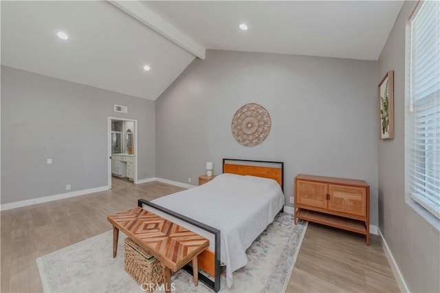 2323 S Cutty Way Unit 58, Anaheim, CA 92802 - bedroom with beamed ceiling, light wood-type flooring, recessed lighting, and high vaulted ceiling