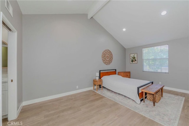 2323 S Cutty Way Unit 58, Anaheim, CA 92802 - bedroom with light wood-type flooring, beam ceiling, recessed lighting, and high vaulted ceiling
