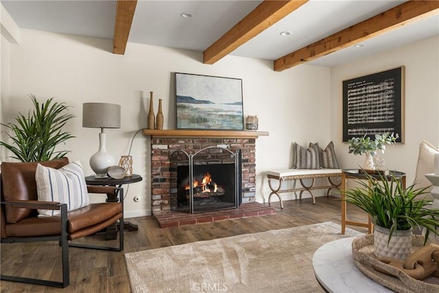 17542 Rainier Dr, North Tustin, CA 92705 - living area with beamed ceiling, wood finished floors, a fireplace, and recessed lighting