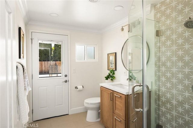 17542 Rainier Dr, North Tustin, CA 92705 - full bath featuring vanity, a shower stall, crown molding, and tile patterned flooring
