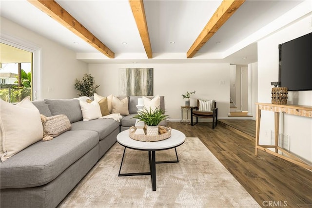 17542 Rainier Dr, North Tustin, CA 92705 - living area featuring wood finished floors and beamed ceiling