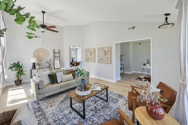 5452 Gooseberry Way, Oceanside, CA 92057 - living area featuring lofted ceiling, a ceiling fan, and light wood-style floors