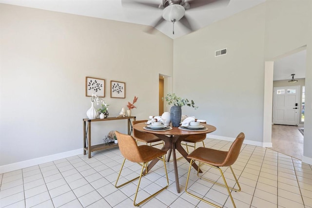 5452 Gooseberry Way, Oceanside, CA 92057 - dining room featuring light tile patterned flooring, ceiling fan, and high vaulted ceiling